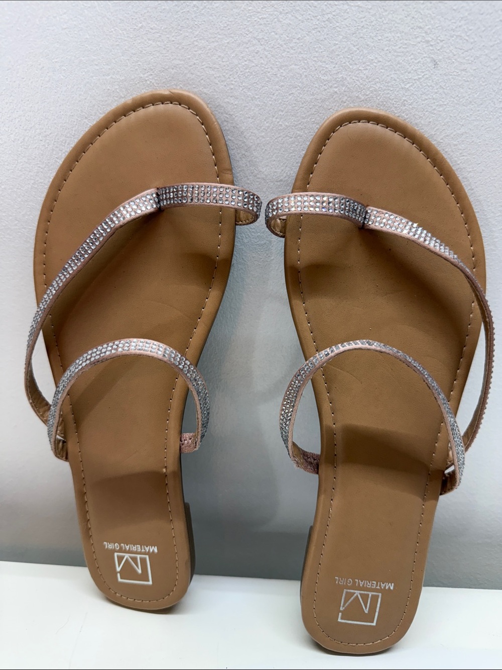 NWOT Material Girl Tan Sandals with Sparkling Rose-Accent Straps